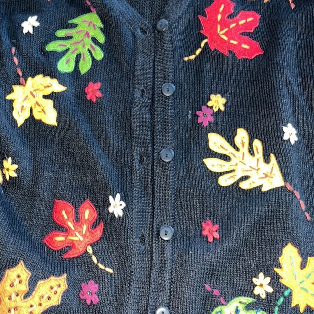 VTG 90s Black Felted Fall Autumn Leaves Nature Button Cardigan Sweater Large - Picture 7 of 7